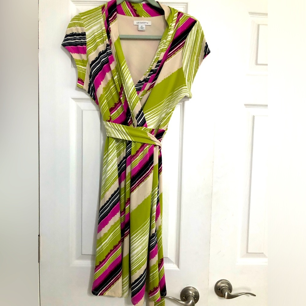 Liz Claiborne fit flare dress women’s medium diagonal stripes green purple tie